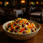 A colorful bowl of Mexican-style rice salad with peppers and beans.