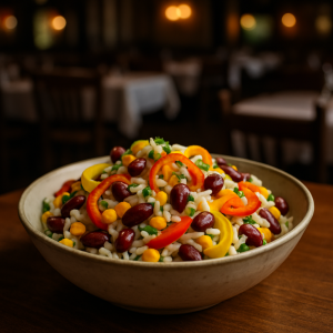 A colorful bowl of Mexican-style rice salad with peppers and beans.