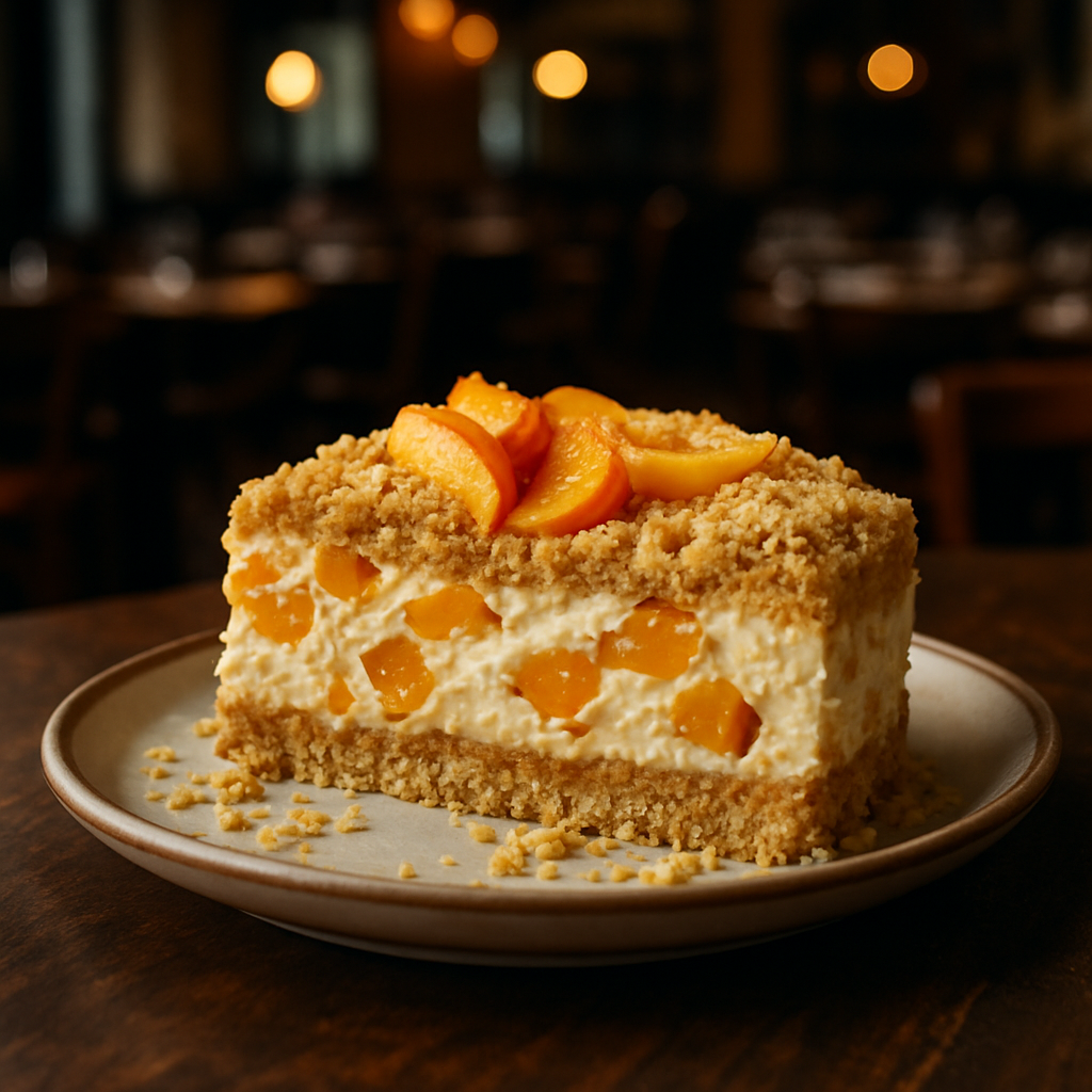 No-bake crumble cake with ricotta and peaches on a plate.