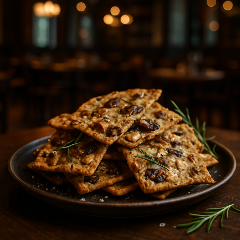 A plate of nutty and fig crisps with rosemary and sea salt.