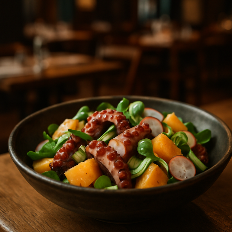 A vibrant Italian octopus and melon salad served in a bowl.