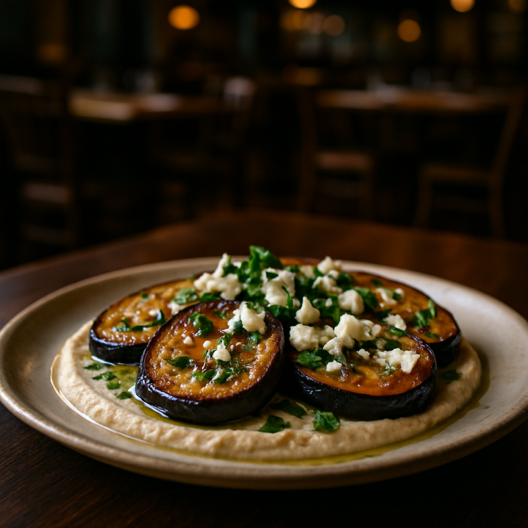 A plate of pan-fried eggplants topped with hummus and crumbled feta cheese.