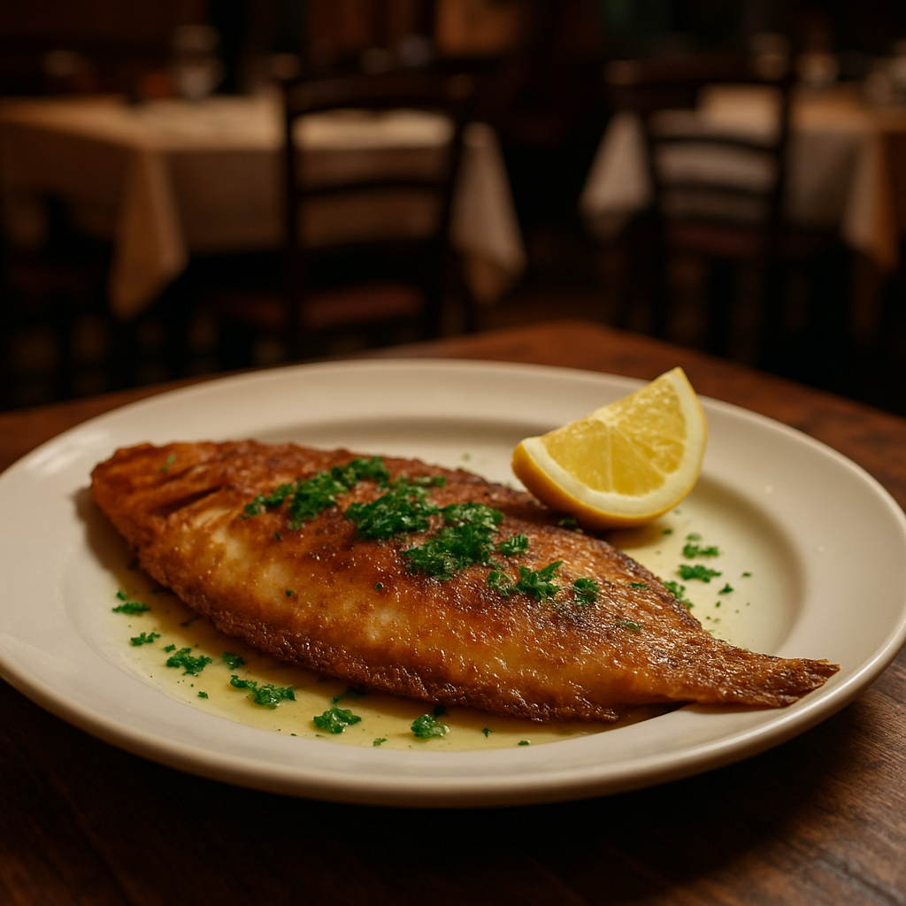 Pan-fried sole with lemon and parsley on a white plate.