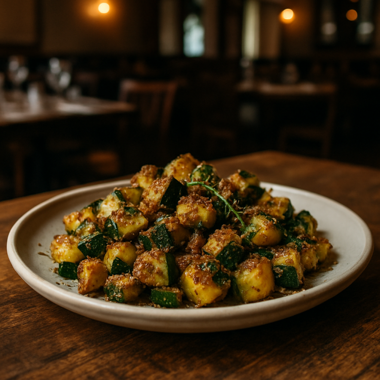 A plate of crispy pan-grilled zucchini gratin with herbs.