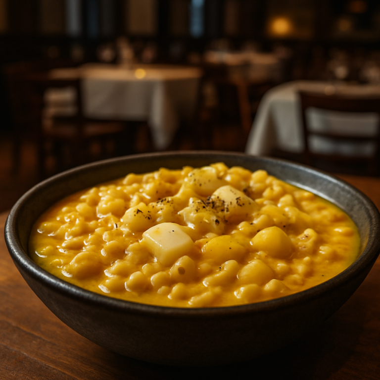 A bowl of creamy pasta and potatoes with provola cheese, a traditional Italian dish.