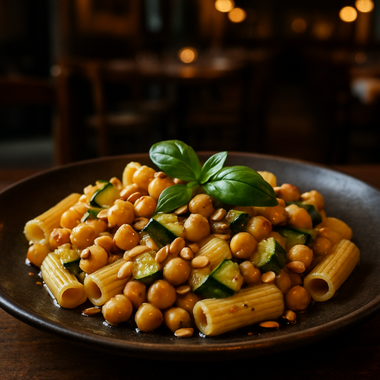 Plate of Pasta with Chickpeas and Zucchini garnished with basil and pine nuts.