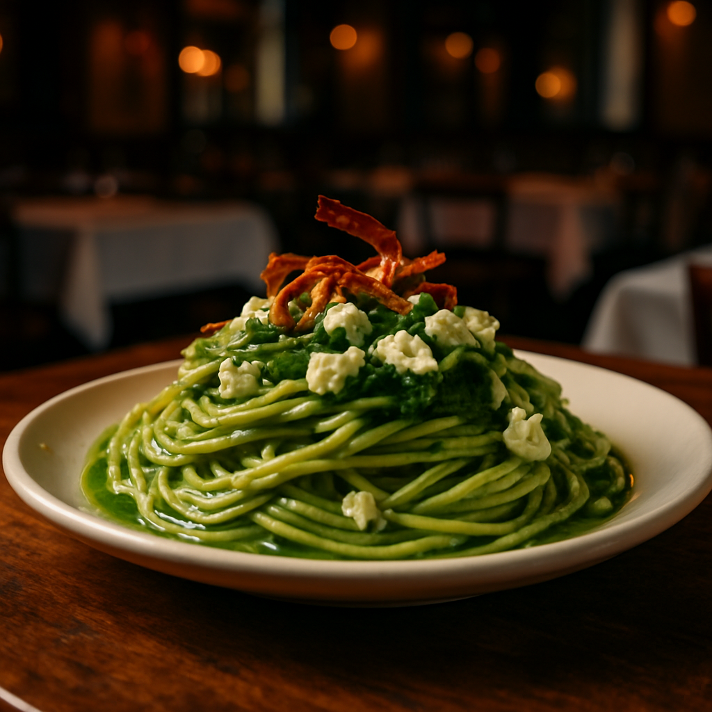 A plate of creamy pasta with spinach and gorgonzola.