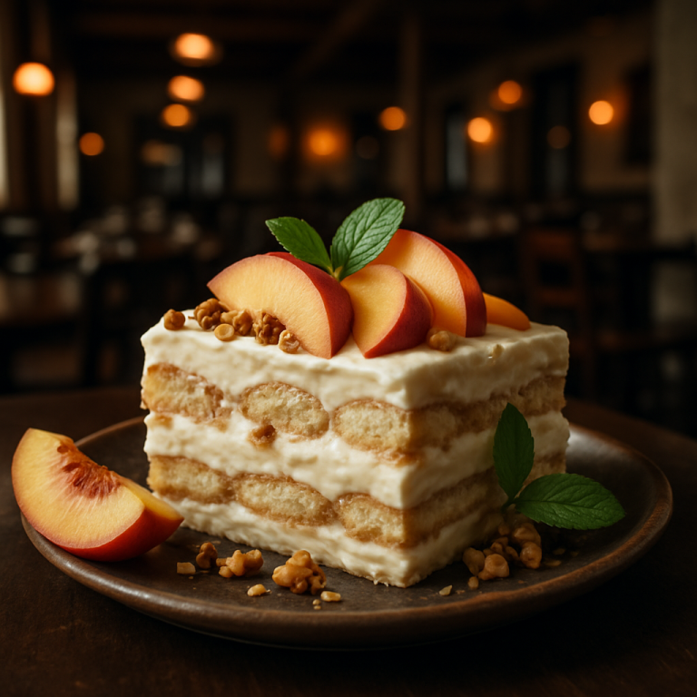 A slice of peach tiramisu garnished with fresh peaches and mint.