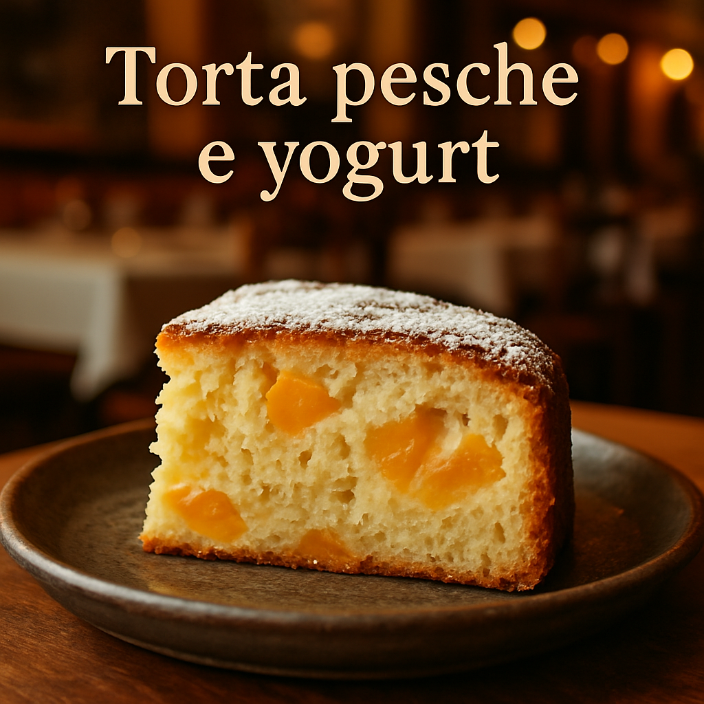 A slice of Peach and Yogurt Cake on a rustic plate.