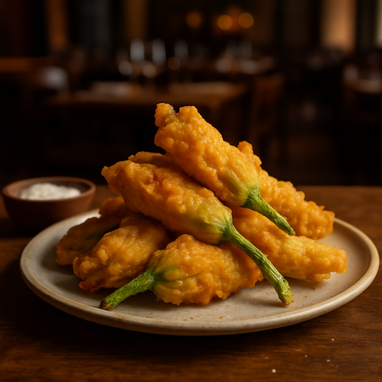 Golden and crispy fried zucchini flowers with batter.