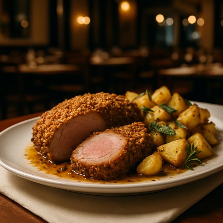 Pork tenderloin in Parmesan crust with roasted potatoes.