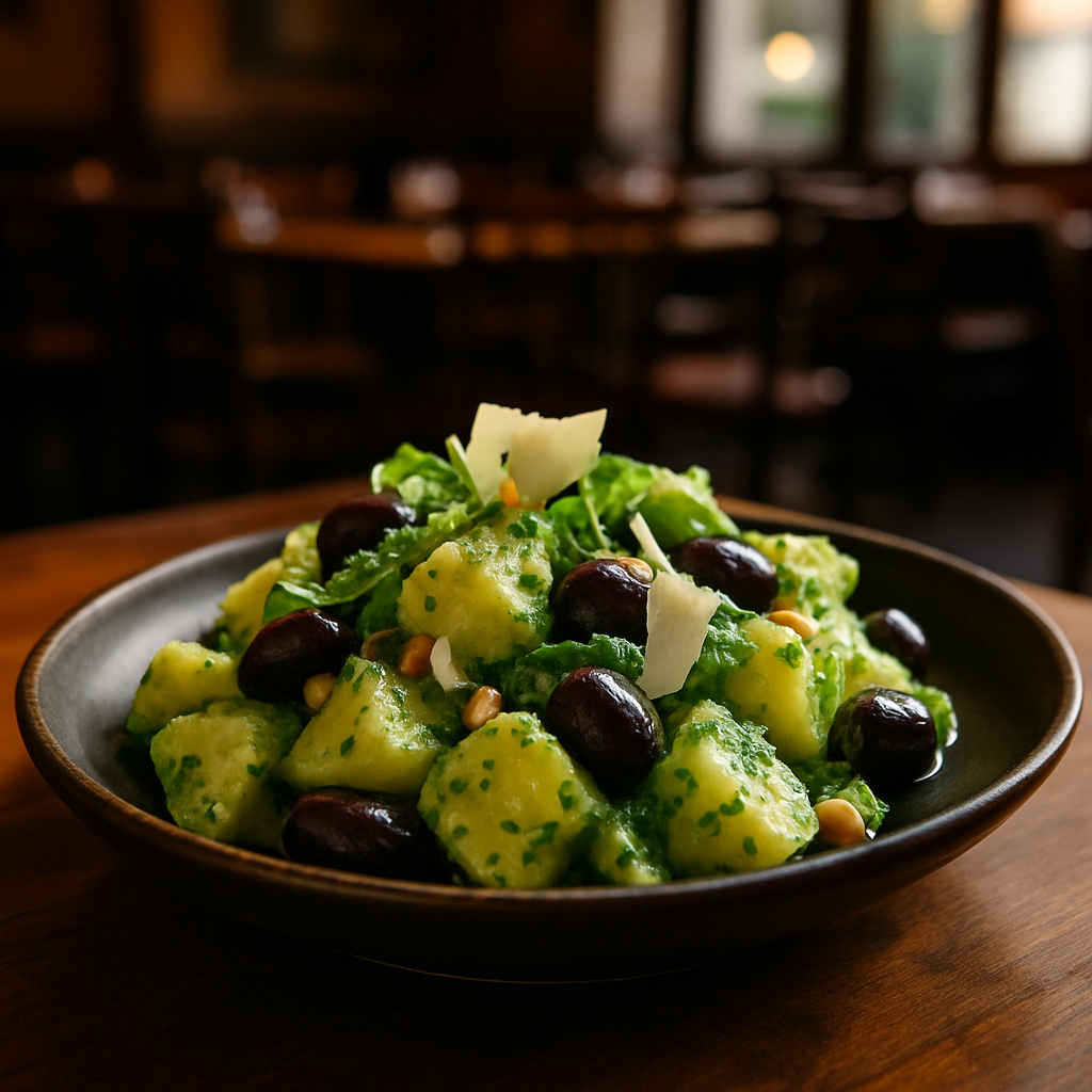 A vibrant Italian potato salad with arugula cream and olives.