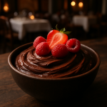 A bowl of creamy dark chocolate mousse garnished with fresh fruit.