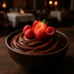A bowl of creamy dark chocolate mousse garnished with fresh fruit.