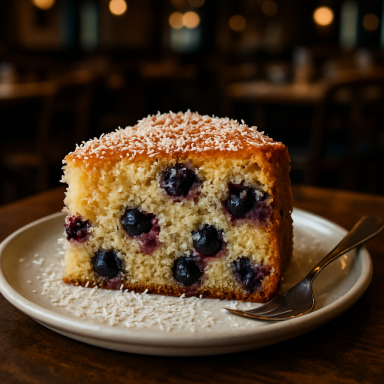A delicious slice of coconut and blueberry cake on a plate.