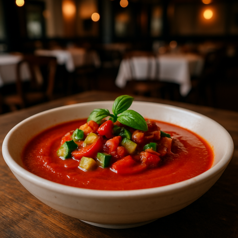 A bowl of Italian gazpacho with fresh tomato sauce.