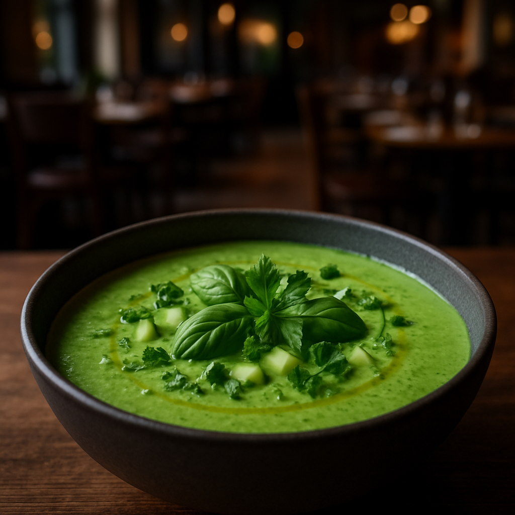 A bowl of refreshing green gazpacho garnished with herbs.