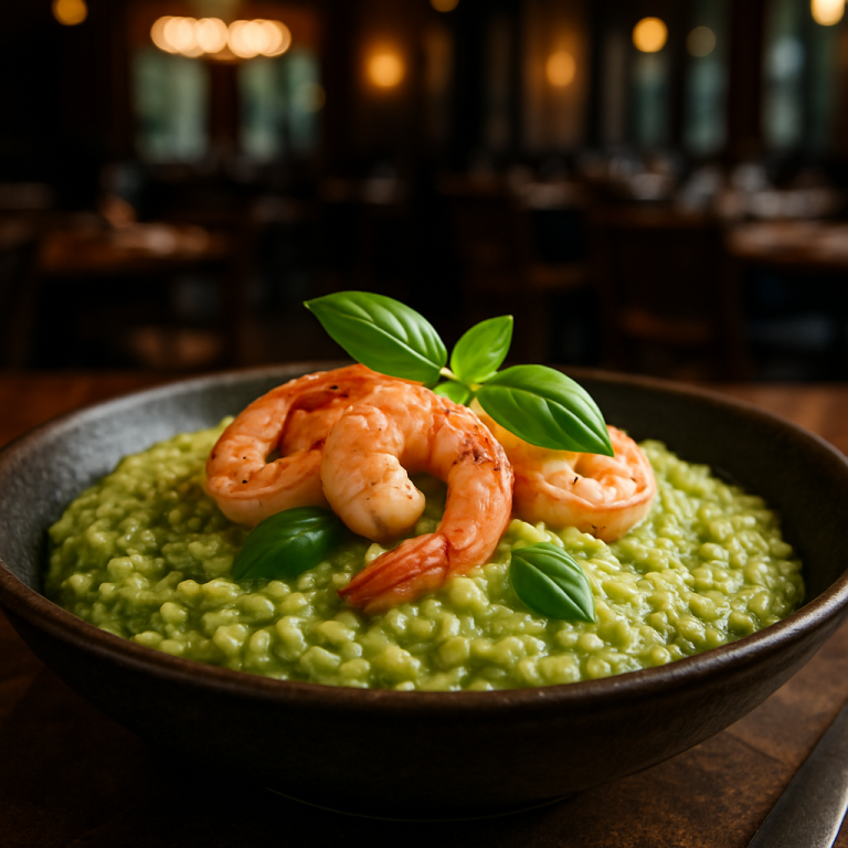 A bowl of creamy Risotto al Pesto con Gamberi with fresh basil and shrimp.