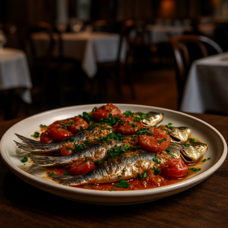 A plate of Sardines alla Pizzaiola garnished with cherry tomatoes and parsley.