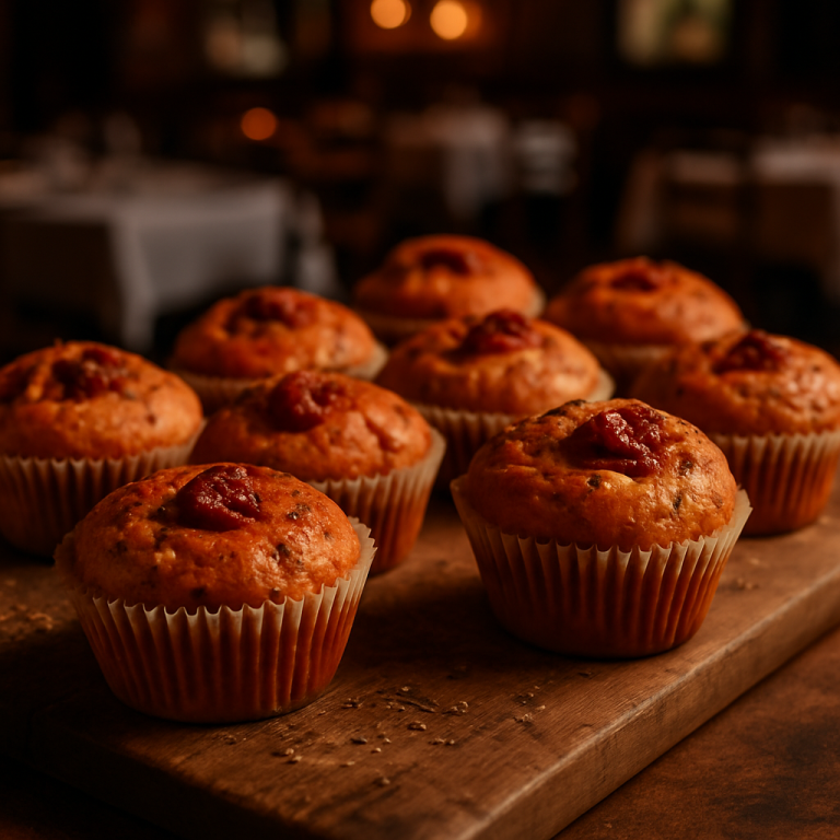 Freshly baked savory tomato muffins on a wooden board.