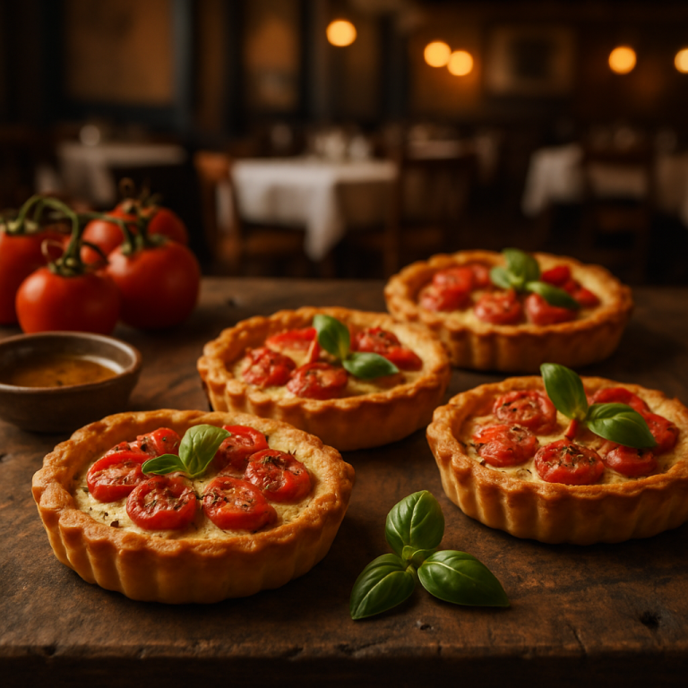 Savory tomato tarts on a rustic wooden table.