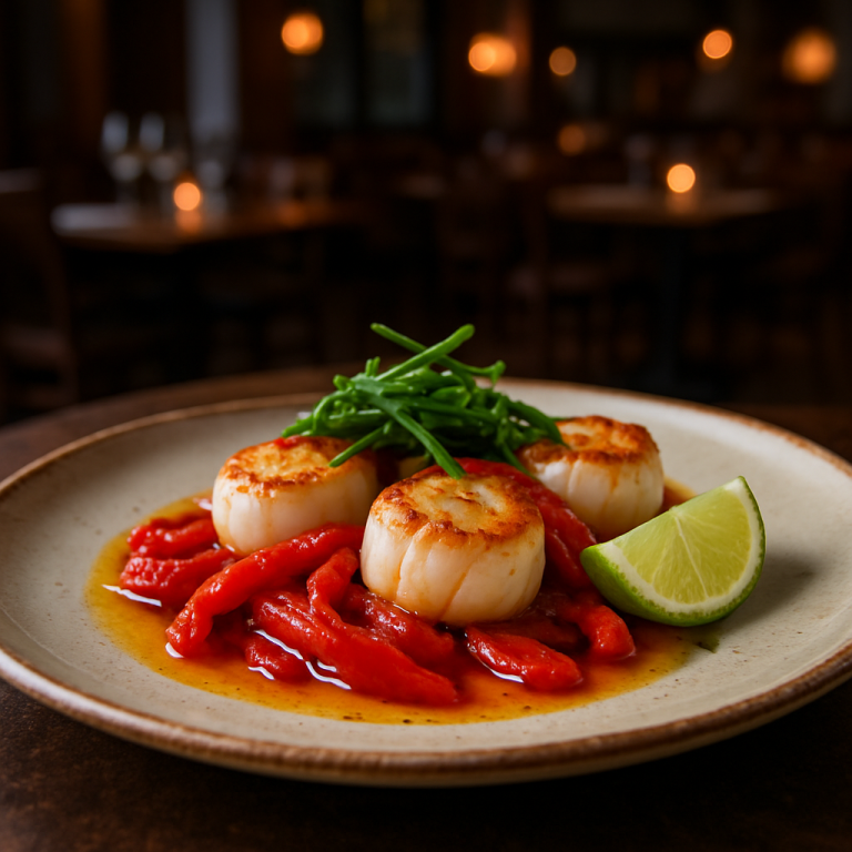 Scallops with roasted peppers on a plate with sea asparagus and lime.