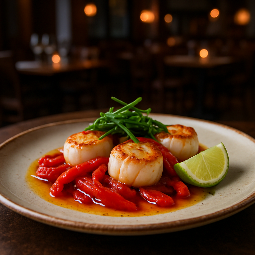 Scallops with roasted peppers on a plate with sea asparagus and lime.