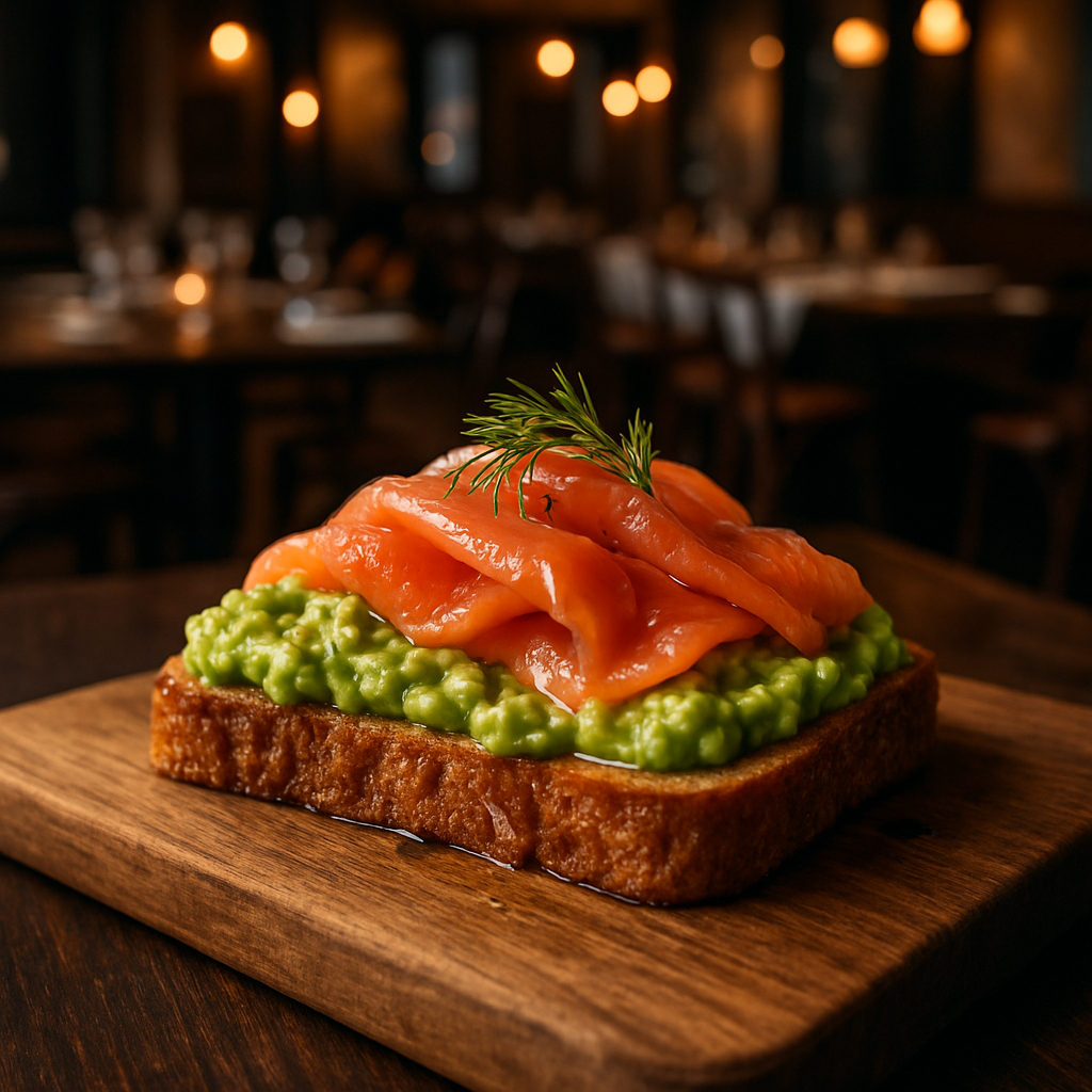 A delicious smoked salmon and avocado toast on a wooden board.