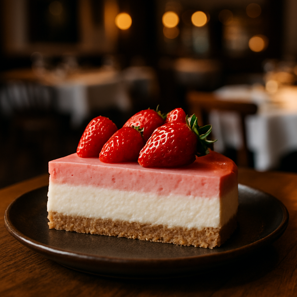 A slice of strawberry cheesecake without gelatin, topped with fresh strawberries.
