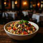 A colorful bowl of summer couscous with tomatoes, feta, and olives.