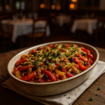 Sweet and sour gratinated peppers with raisins and pine nuts.