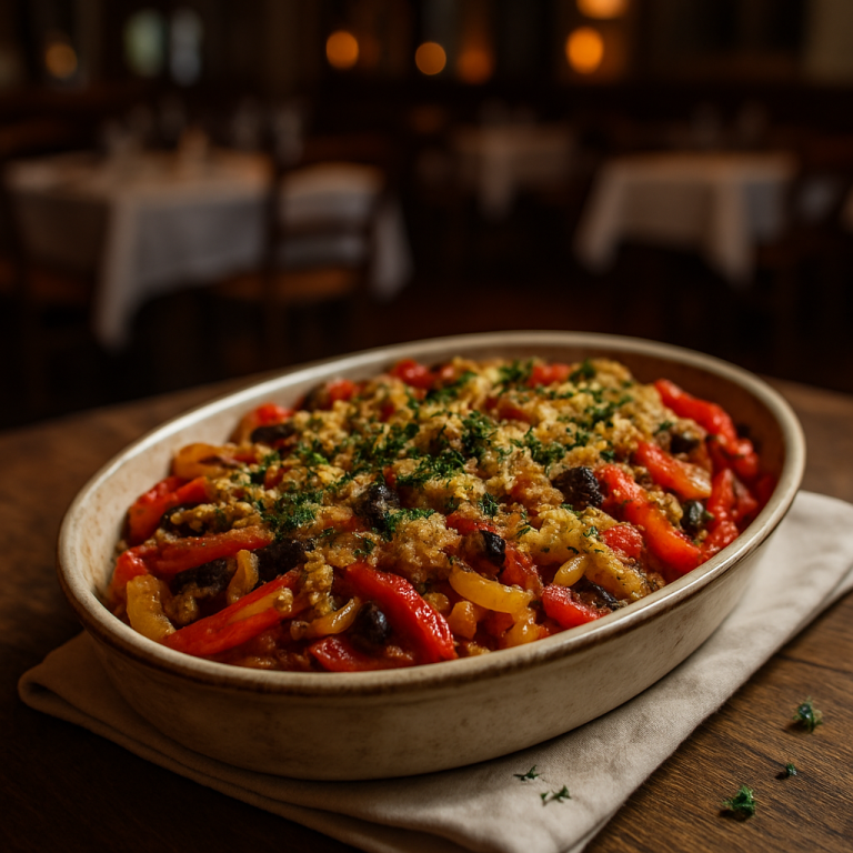 Sweet and sour gratinated peppers with raisins and pine nuts.
