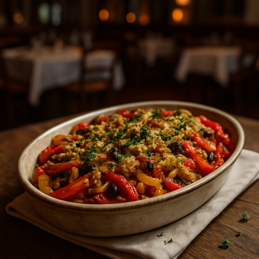Sweet and sour gratinated peppers with raisins and pine nuts.