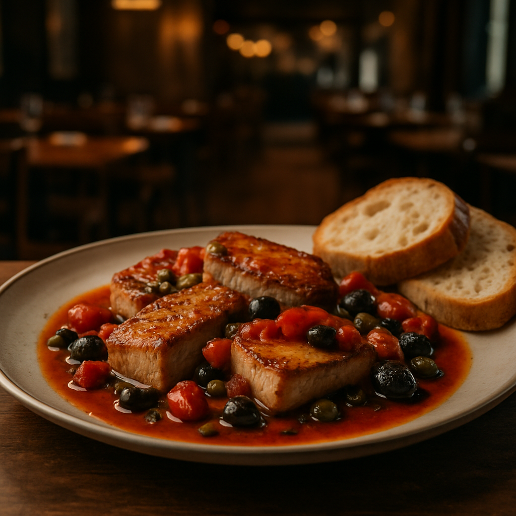 Delicious Tonno alla Siciliana served on a plate with fresh bread.