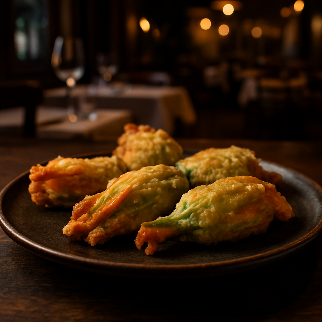 Vegetarian stuffed zucchini flowers served on a plate.