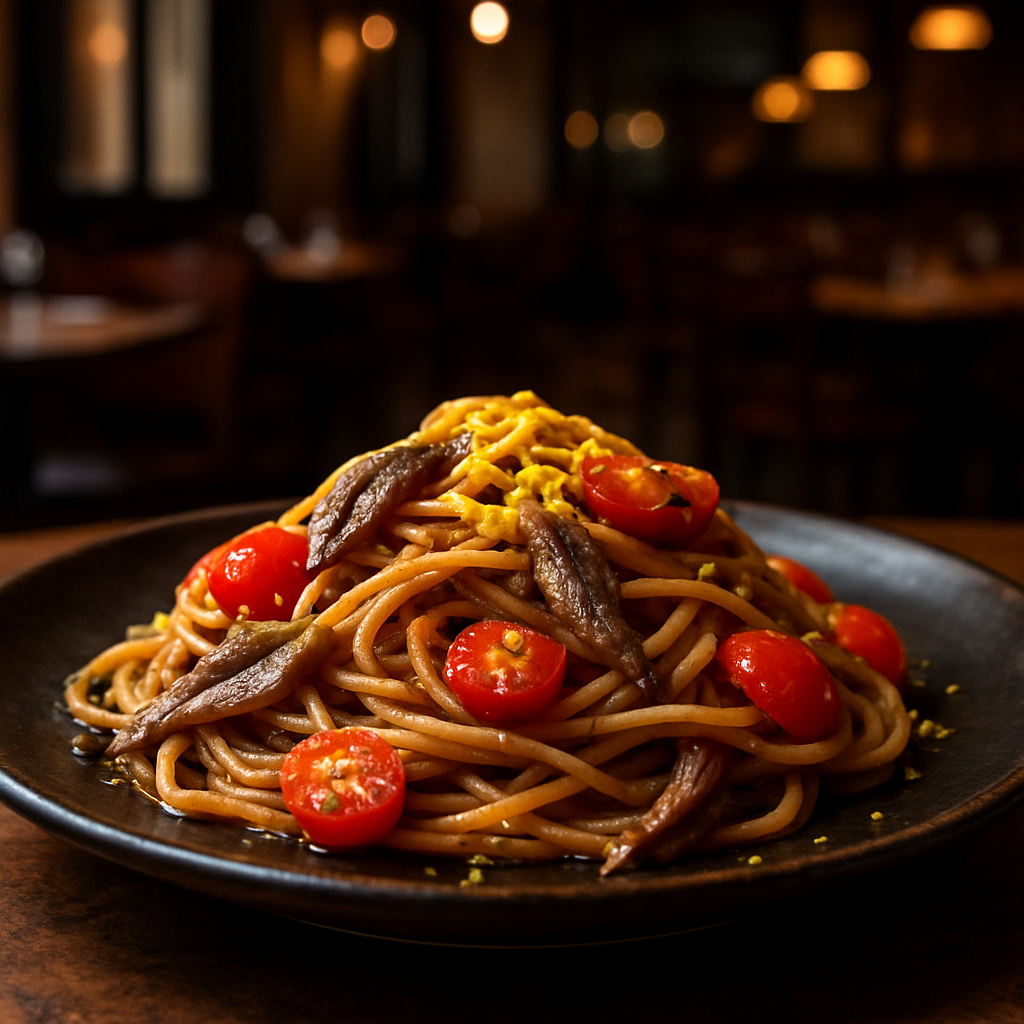 Whole wheat pasta with anchovies, cherry tomatoes, and lemon zest on a plate.