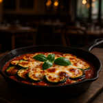 Zucchini Parmigiana in a skillet with melted mozzarella and basil.