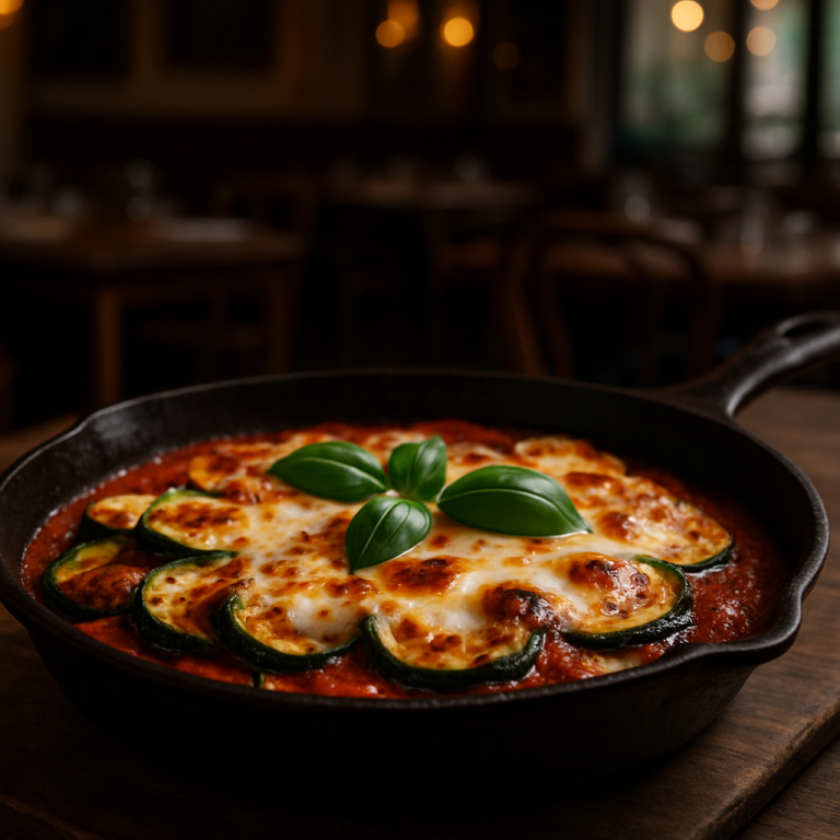 Zucchini Parmigiana in a skillet with melted mozzarella and basil.