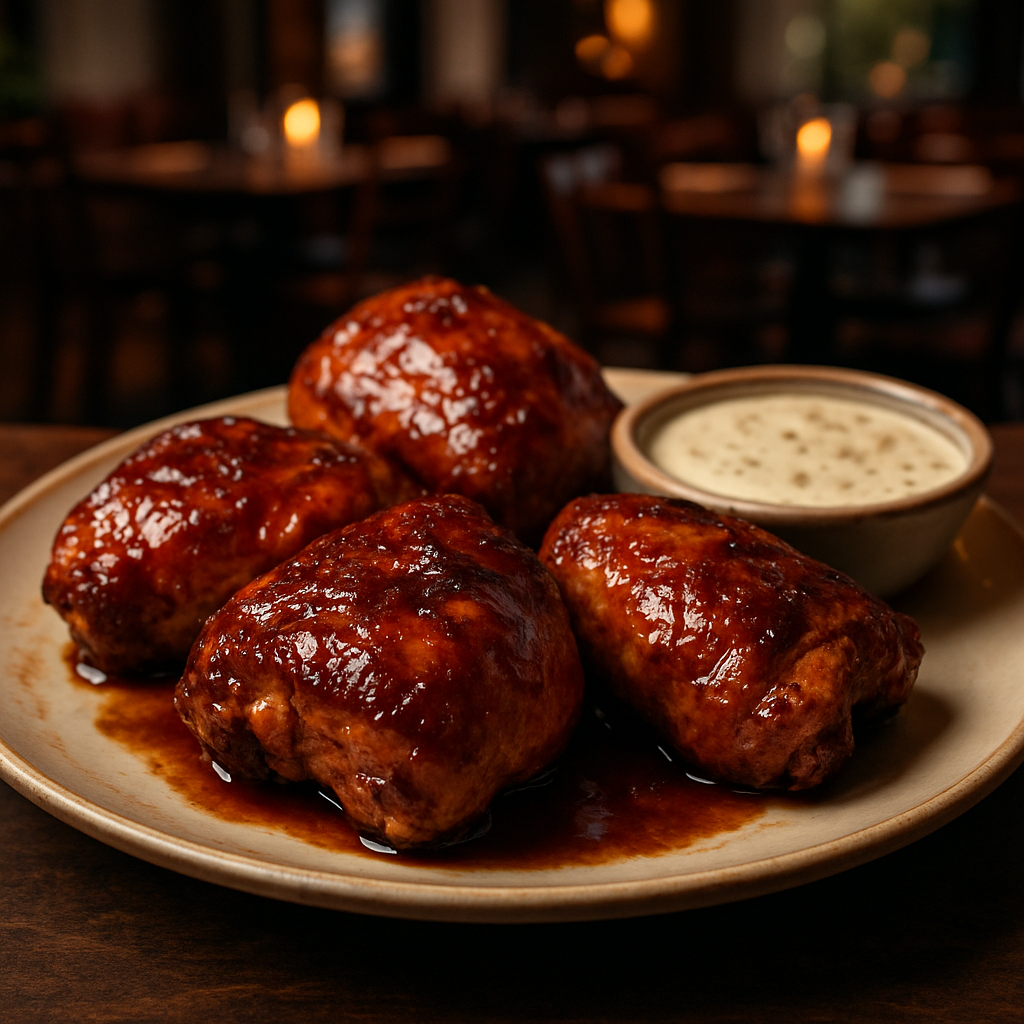 Juicy air fryer chicken thighs glazed with barbecue sauce.