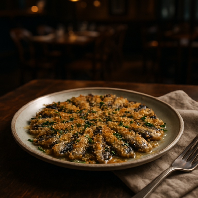 A plate of baked anchovies with golden breadcrumbs.
