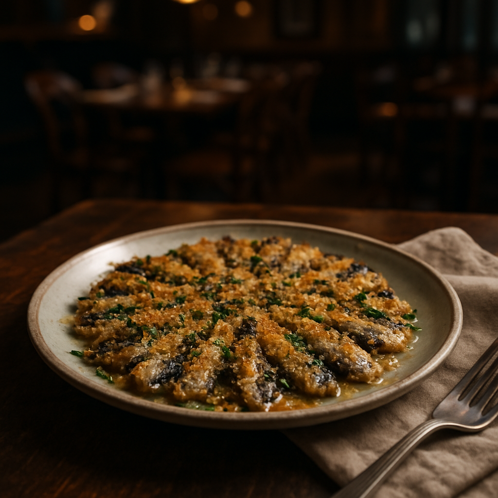 A plate of baked anchovies with golden breadcrumbs.