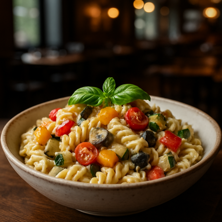 A bowl of creamy cold pasta with fresh vegetables.