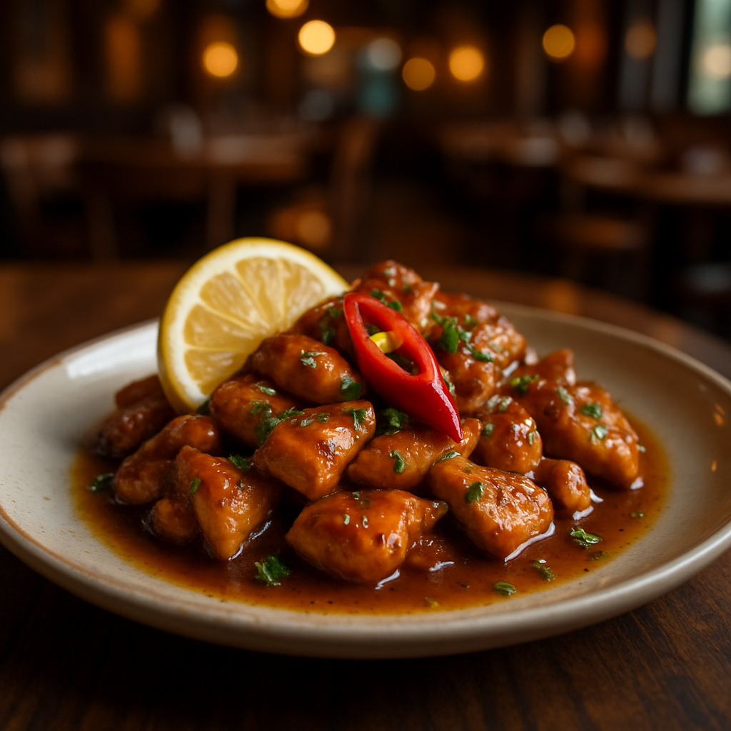 A plate of Pollo allo Zenzero garnished with lemon and chili.