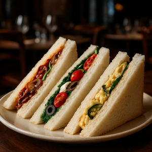 Colorful vegetarian tramezzini with various fillings on a platter.