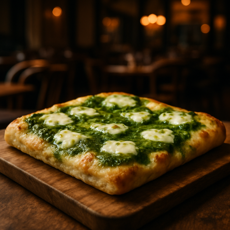 Freshly baked Focaccia with Pesto and Stracchino on a wooden board.