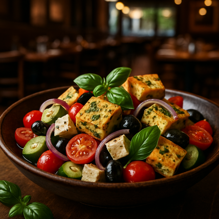 A vibrant Greek salad with frittata, featuring fresh vegetables and basil-infused omelet squares.