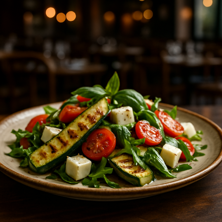 A vibrant Italian salad featuring grilled zucchini, tomatoes, arugula, and primosale cheese.