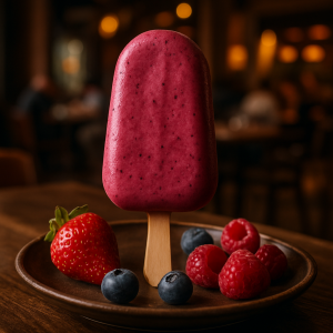 Lactose-free gelato on a stick with fruits.