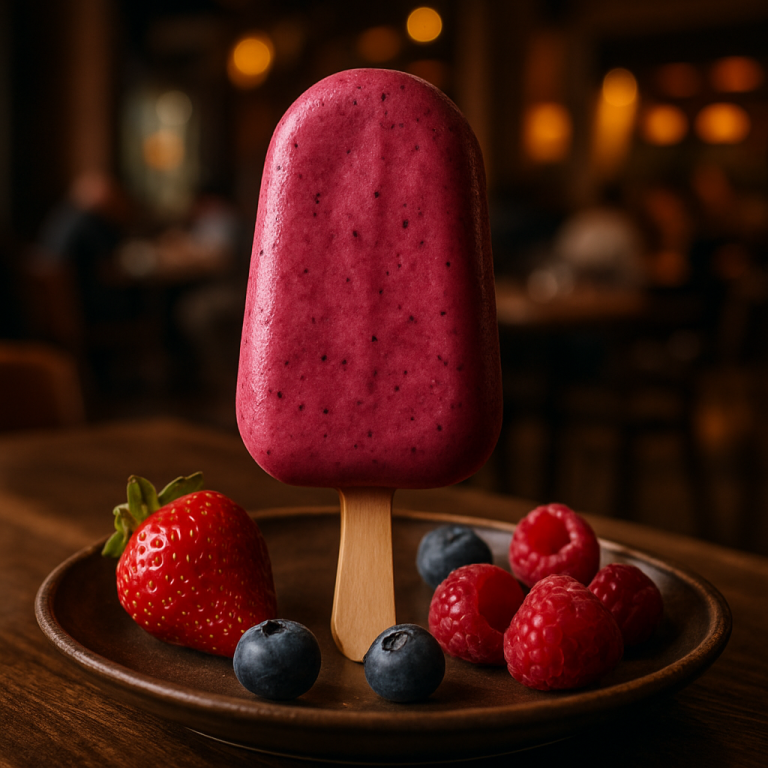 Lactose-free gelato on a stick with fruits.
