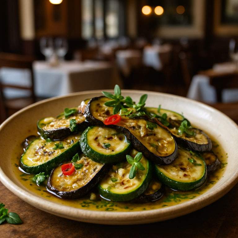 A dish of marinated zucchini and eggplant with herbs and spices.